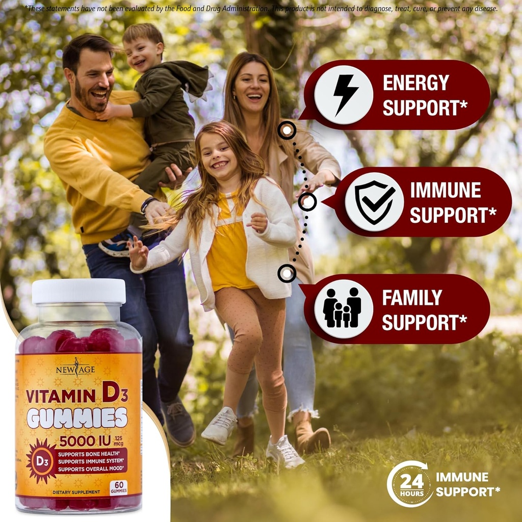 NEW AGE Vitamin D3 5000 IU 125mcg Gummies - Support Immune Support, Strong Bone Health - Non-GMO, Gluten-Free, Dairy-Free, No Gelatin (180 Gummies (Pack of 3)) 4