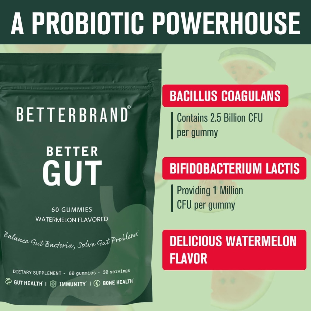 Betterbrand Better Gut Gummy - Probiotics Supplement for Gut Health, Digestive Support, Immunity and Bone Health with 2.5 Billion CFUs - Watermelon Flavor (30 Day Supply) 5