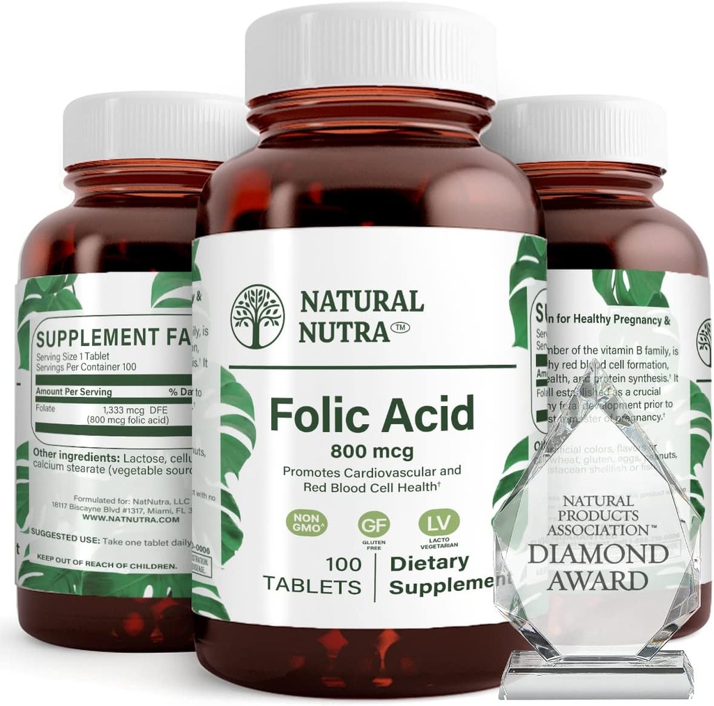Natural Nutra Folic Acid Folate Vitamin B9 Supplement, Prenatal Vitamin for Heart and Cardiovascular Health, Red Blood Cell Formation, Vegetarian and Gluten Free Supplements, 800 mcg, 100 Tablets 2