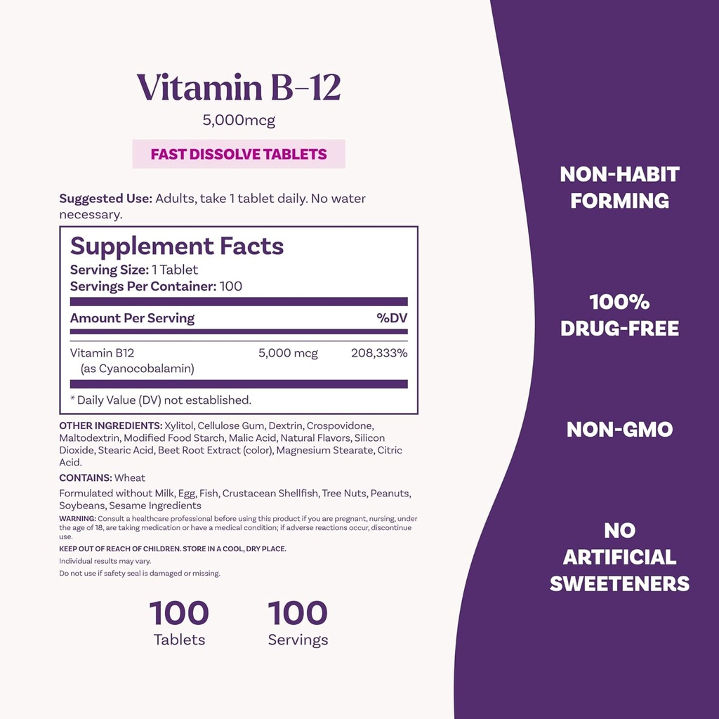 Natrol Vitamin B12 Fast Dissolve Tablets, Promotes Energy, Supports a Healthy Nervous System, Maximum Strength, Strawberry Flavor, 5,000mcg, 100 Count (Pack of 2) 5