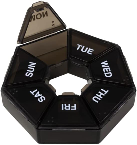 EZY DOSE 7-Day Weekly Pill Organizer, Daily Medicine Container and Vitamin Planner, Round Supplement Case, Compact, Travel Friendly, Portable Storage Sorter, 7-Sided Circle, Black, BPA Free 2
