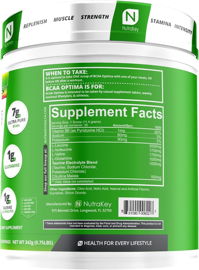 NutraKey BCAA Optima Post Workout Recovery Complex, No Sugar, No Carb, Recovery Aid, Fruit Punch 3