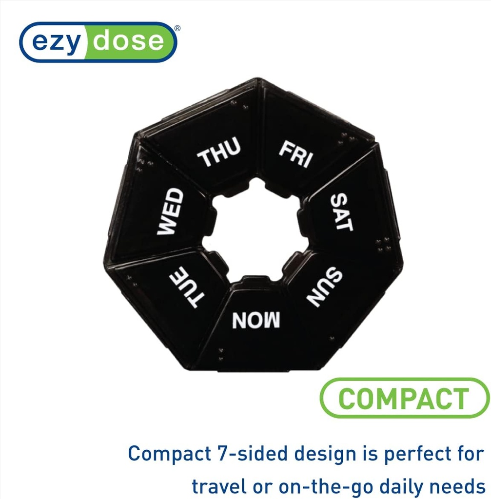 EZY DOSE 7-Day Weekly Pill Organizer, Daily Medicine Container and Vitamin Planner, Round Supplement Case, Compact, Travel Friendly, Portable Storage Sorter, 7-Sided Circle, Black, BPA Free 5