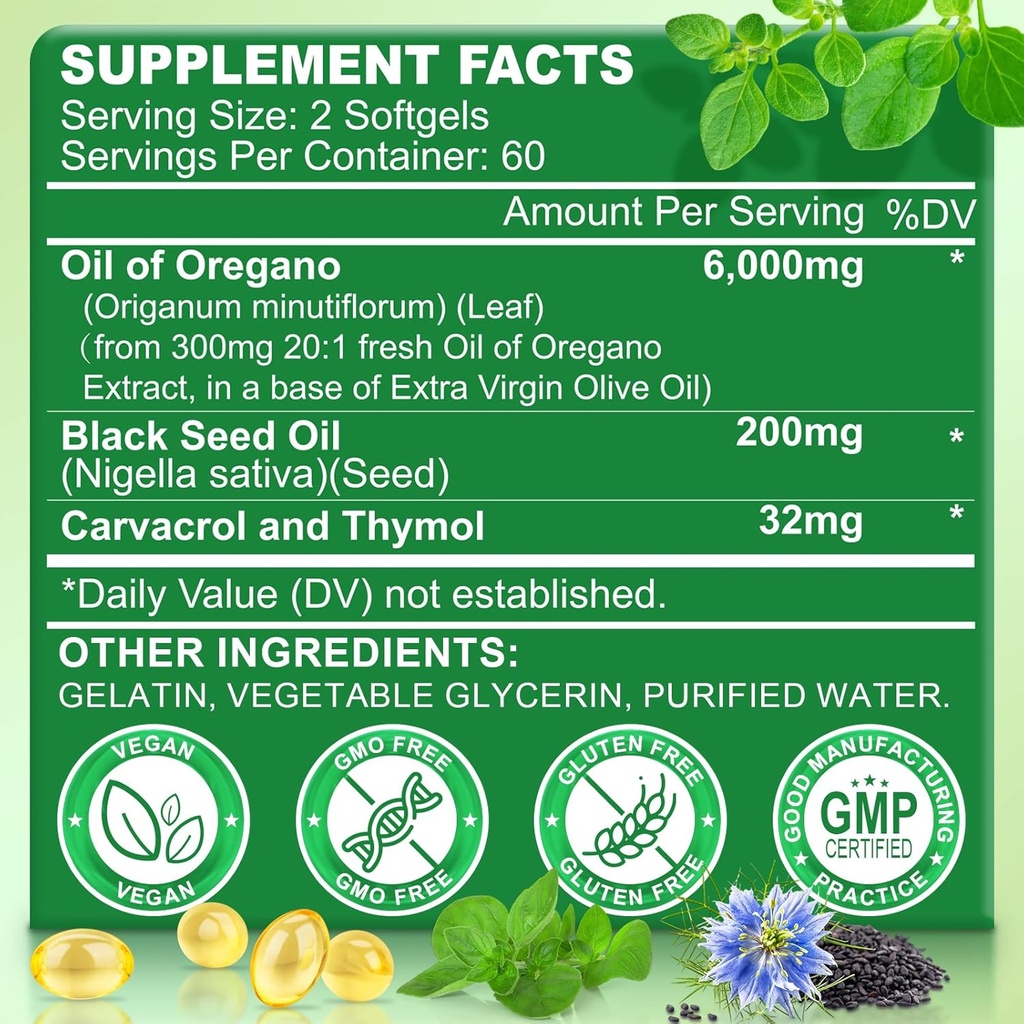 Oil of Oregano with Black Seed Oil, 6000mg Oregano Oil Capsules Organic Natural Carvacrol & Thymoquinone, Immune Digestive Support, Non-GMO, Gluten Free, 120 Count 3