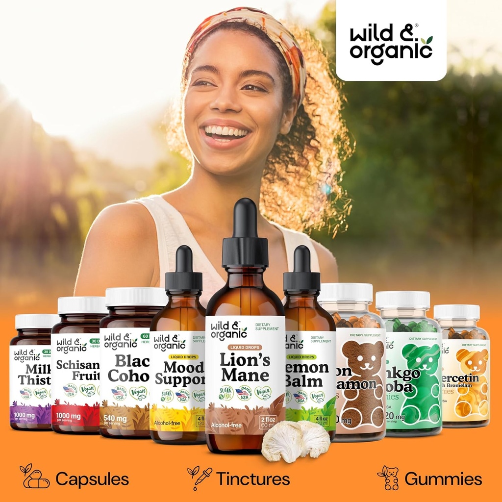 Wild & Organic Lions Mane Liquid Drops - Focus & Brain Support - Lions Mane Supplement - Hericium Erinaceus Mushroom Extract Tincture - Vegan, Alcohol & Sugar-Free - 2 fl oz 6