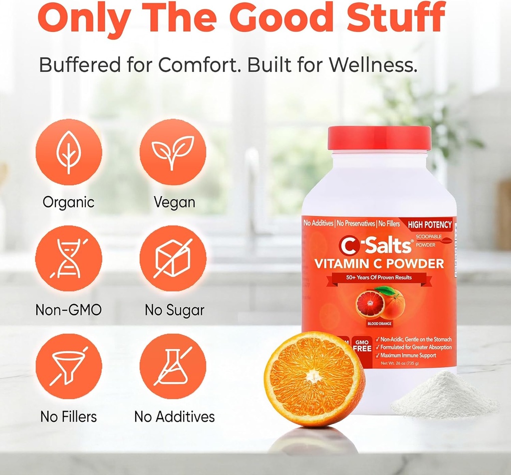 C-Salts Vitamin C Powder Supplement - 100% Pure High Dose Buffered Vitamin C Powder for Immune Support - Organic, Sugar-Free, Vegan, Non-GMO, Stomach-Friendly, Blood Orange 26oz 6