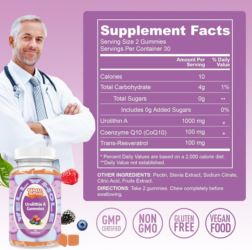 Well&Whole Urolithin A Gummies 1000mg with CoQ10 and Resveratrol, Mitochondrial Supplements, Muscle Support, Non GMO, Vegan, 60 Counts 3