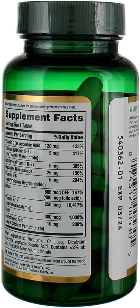 Vitamin B-Complex by Nature's Bounty, Time Released Vitamin Supplement w/ Folic Acid Plus Vitamin C, Supports Energy Metabolism and Nervous System Health, 125 Tablets (Pack of 3) 3