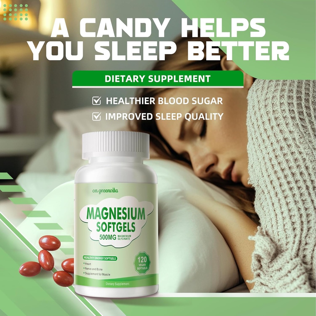 Magnesium Supplement Softgels, Easy Absorption Magnesium Glycinate 500mg, High Bioavailability Magnesium for Sleep & Calm Support, Nervous, Muscle & Bone Health 120 Softgels 6