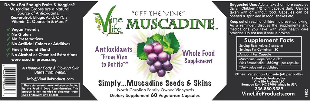 VineLife Muscadine Grape Seed & Skin 650mg - 60 Veggie Capsules - Antioxidant Superfood - 1300mg Per Serving - Natural Resveratrol 5