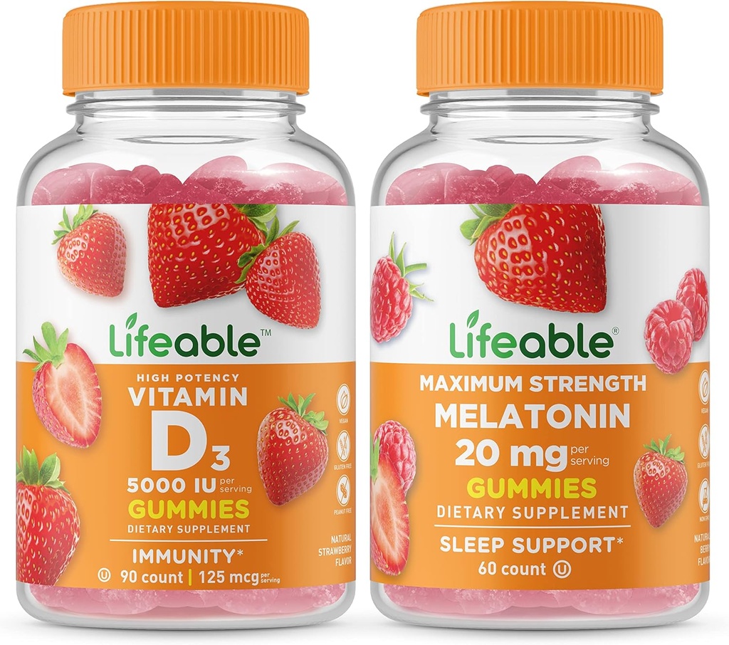 Lifeable Vitamin D 5000 IU + Melatonin 20mg, Gummies Bundle - Great Tasting, Vitamin Supplement, Gluten Free, GMO Free, Chewable Gummy 2