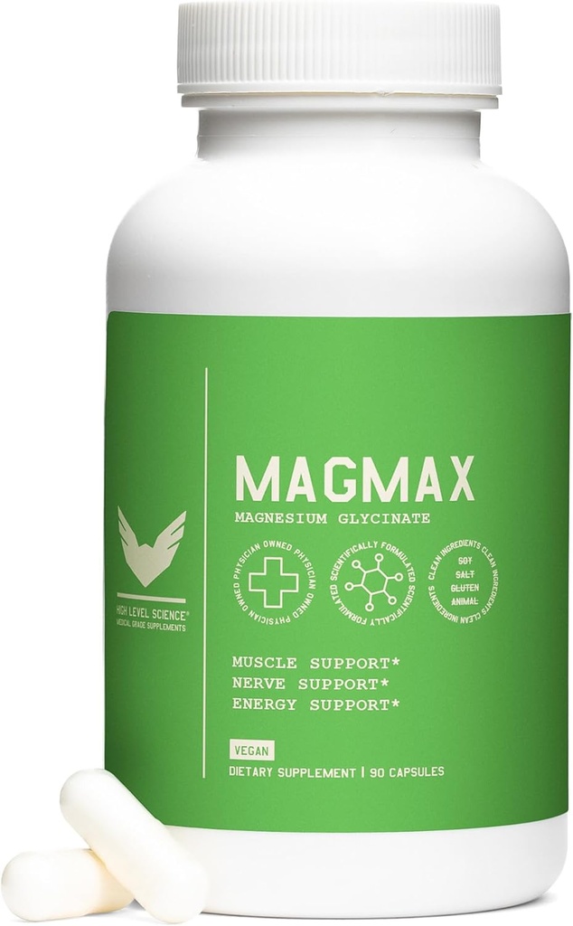 High Level Magmax Magnesium Glycinate Supplement for Adults, Supports Bone Health, Sleep, Heart, Muscle Function & Cramps, Gluten Free, Vegan, 275 mg, 90 Capsules 2