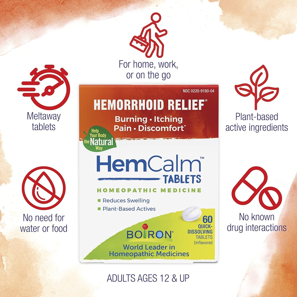 Boiron Hemcalm hemorrhoid Relief Tablets for Itchy Burning Pain, Swelling and discomfort, White, 60 Count 4