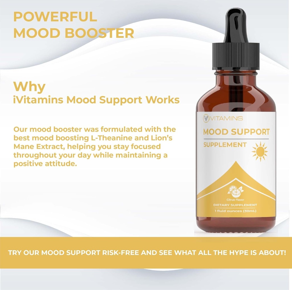 Mood Support Supplement | May Help to Improve Mood, Reduce Stress, Enhance Cognitive Function & More | Stress Relief Supplement | L Theanine | Lions Mane Supplement | L Theanine Supplement | 1 fl oz 5