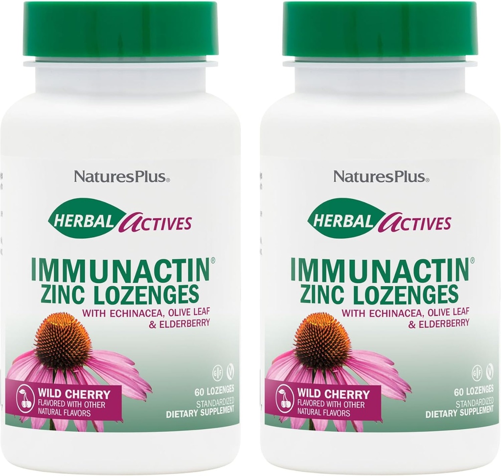 NaturesPlus Herbal Actives ImmunActin - 60 Zinc Lozenges, Pack of 2 - Wild Cherry Flavor - Supports Immune Health - with Echinacea, Elderberry & Olive Leaf - Gluten Free - 120 Total Servings 2