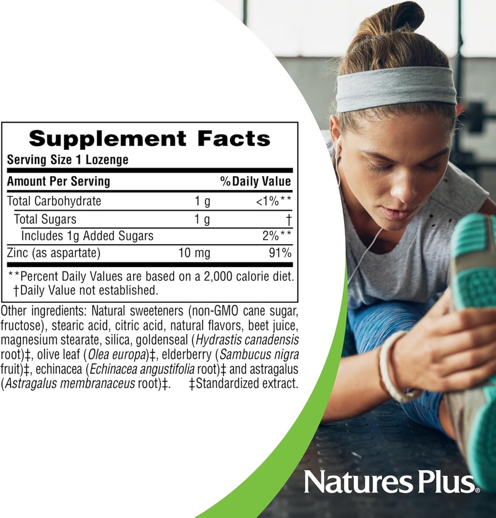 NaturesPlus Herbal Actives ImmunActin - 60 Zinc Lozenges, Pack of 2 - Wild Cherry Flavor - Supports Immune Health - with Echinacea, Elderberry & Olive Leaf - Gluten Free - 120 Total Servings 6