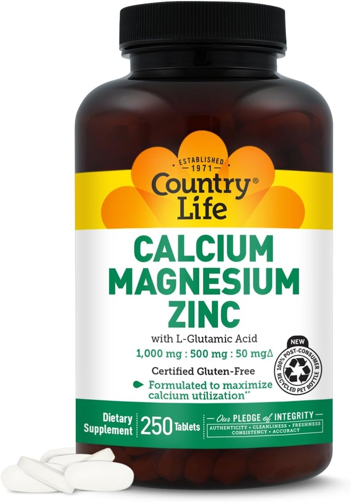 Country Life Calcium Magnesium Zinc with L-Glutamic Acid, Dietary Supplement for Bone Support, Certified Gluten Free, 1000mg/500mg/50mg, 250 Tablets 2