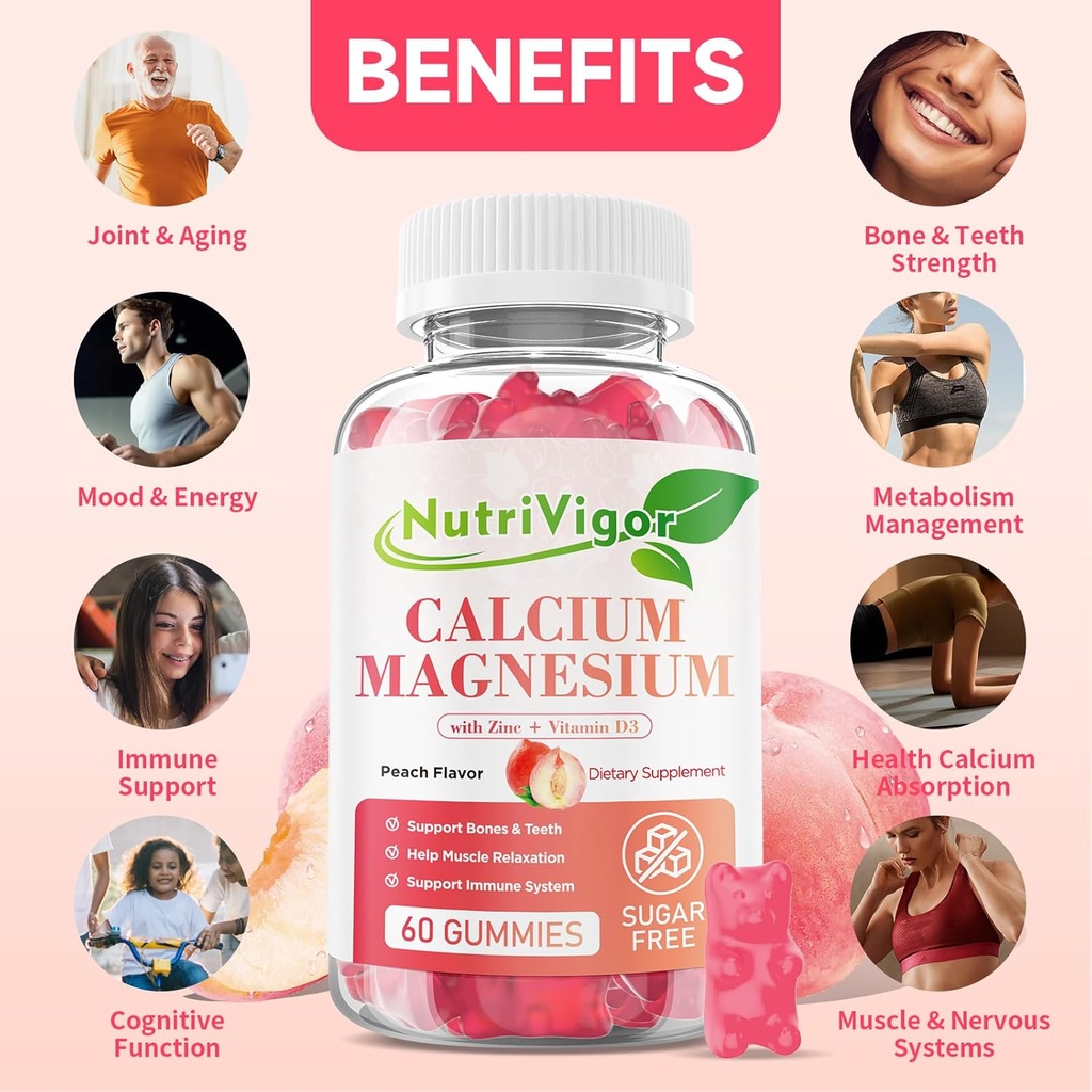 Calcium Gummies 600mg with Vitamin D3, Calcium Magnesium Zinc Gummies for Bone & Immune Support, Calcium Supplement for Women & Men, Sugar Free, Vegan, Peach Flavor, 60 Count 4