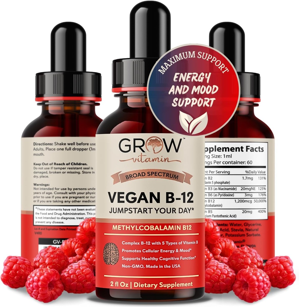 Vegan B12 Complex Liquid Sublingual Drops - Premium Methylcobalamin Supplement for Stronger Hair Skin & Nails Vitamin b12 b6 b5 b3 & b2 Natural Energy Boost, Immune System & Mental Focus Support 2