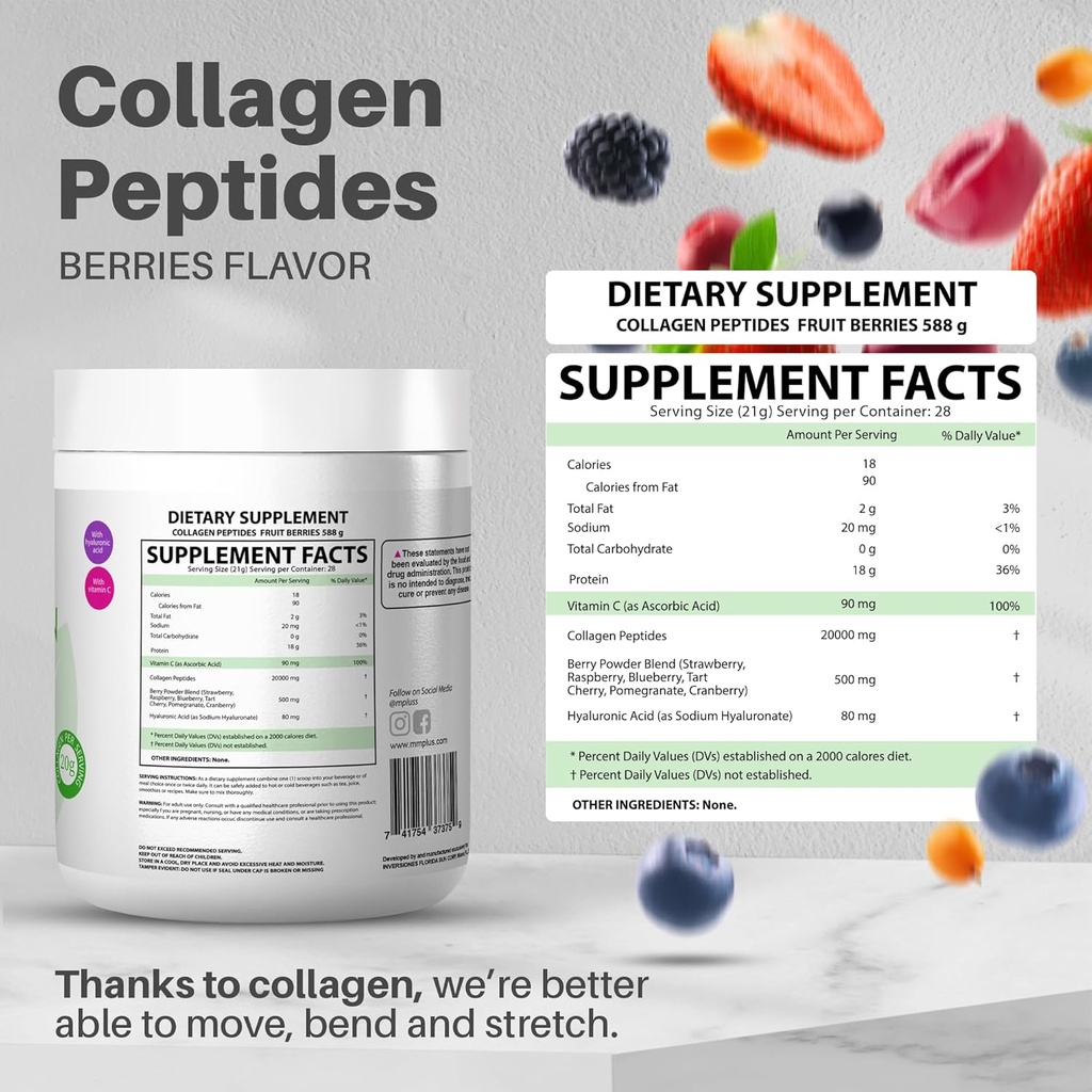 M+S Collagen Peptides Powder with Vitamin C and Hyaluronic Acid, Improves Elasticity, Hair, Skin, Nails and Joint – Sugar Free, 1.29 Lb (Berries Flavor) 3
