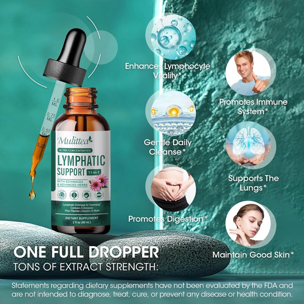 Mulittea Lymphatic Drainage Drops-Vegan 11-in-1 Lymphatic Drainage Supplements-Lymph System Support with Echinacea,Cleavers,Elderberry-Detox Cleanse-Non-GMO -2 fl oz-60 Servings-2 Pack 5