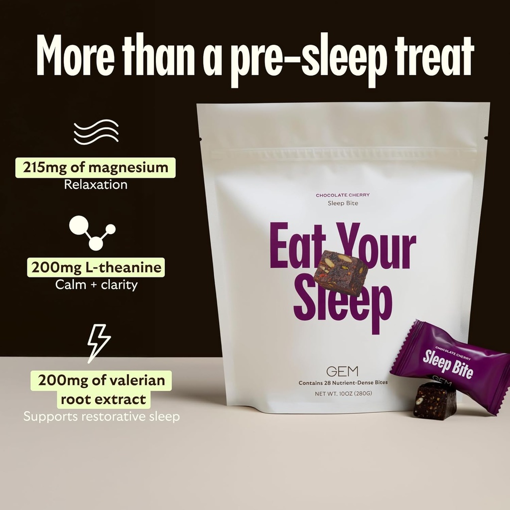 GEM Natural Deep Sleep Aid Nighttime Bite, Melatonin Free and Non-Habit Forming with L-Theanine, Magnesium, Valerian Root Extract, Earthy Herbal Chocolate Cherry (28 Servings) 6