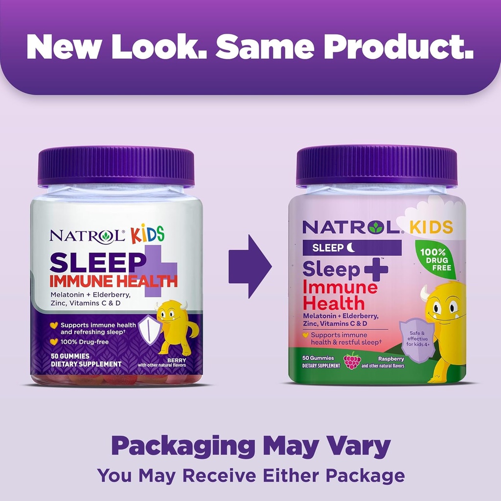 Natrol Kids Sleep+ Immune Health Gummies with Melatonin, Zinc, Vitamin C and D, Elderberry, 50 Raspberry Flavored Melatonin and Immune Health Gummies, 50 Day Supply 3