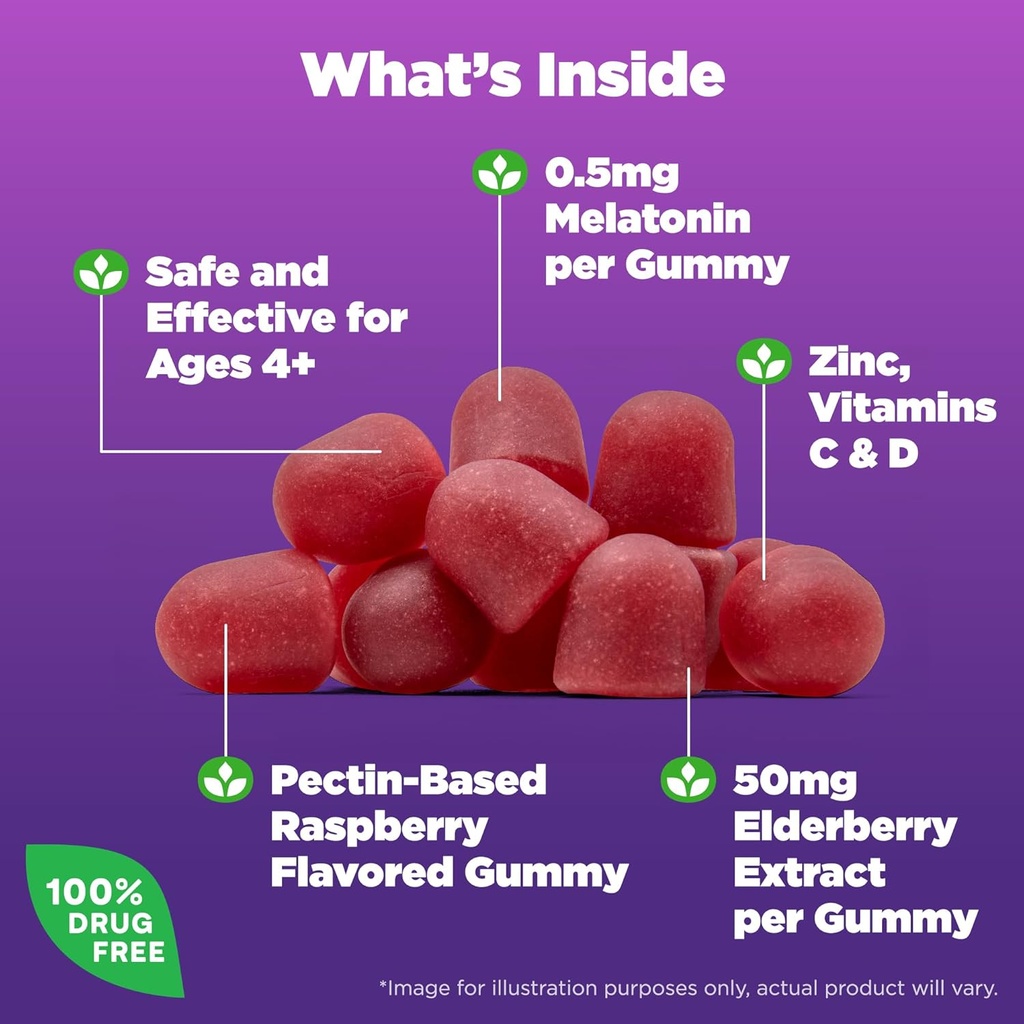 Natrol Kids Sleep+ Immune Health Gummies with Melatonin, Zinc, Vitamin C and D, Elderberry, 50 Raspberry Flavored Melatonin and Immune Health Gummies, 50 Day Supply 4