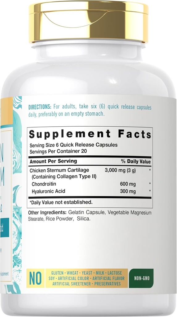 Carlyle Chicken Sternum Cartilage Collagen Capsules | Type II 3000mg | 120 Pills | with Hyaluronic Acid | Non-GMO, Gluten Free 3