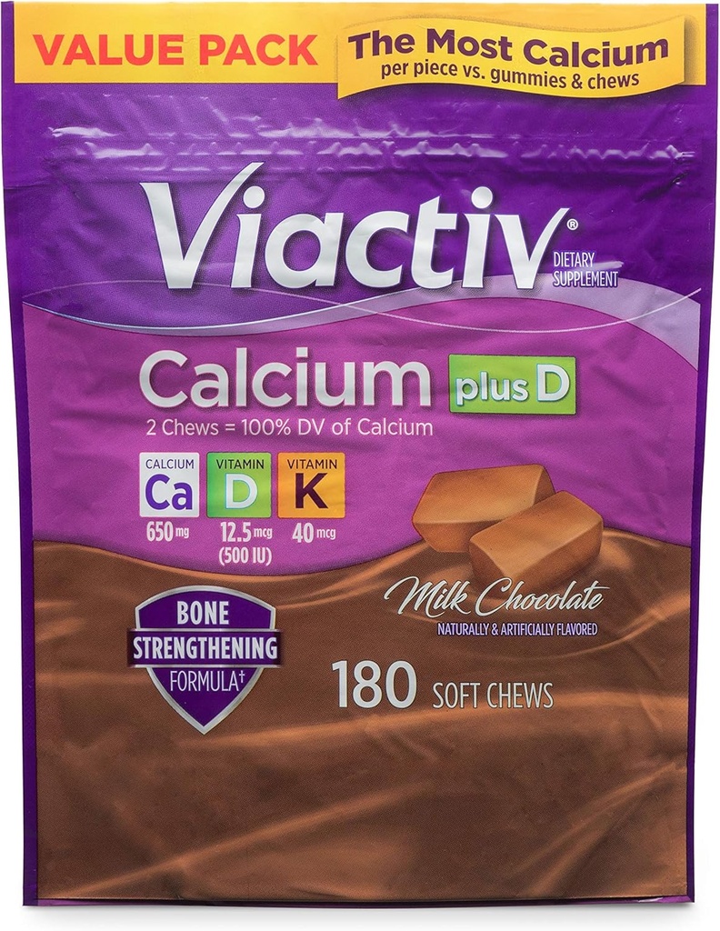 Viactiv Calcium Plus Vitamin D Supplement Soft Chews, Brown, Milk Chocolate, 180 Count & Vitafusion Fiber Well Sugar Free Fiber Supplement, Peach, Strawberry and BlackBerry Flavored 3