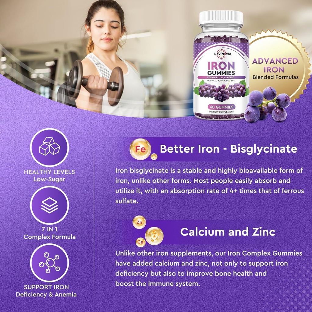 Iron Gummies - with Calcium, Zinc, Folate & Vitamin B12, C, B6 for Adults & Kids - Blood Builder & Energy Support for Iron Deficiency, Anemia, Vegan - 2 Pack Grape Flavour,60 Gummies 5