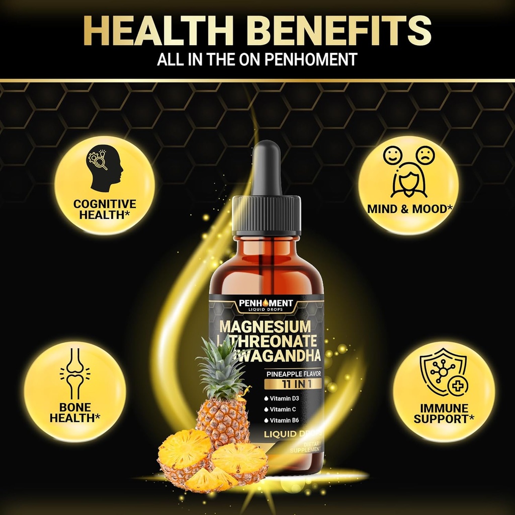 11in1 Magnesium L-Threonate Liquid Drops with Ashwagandha, Vitamin D3, Vitamin C, Vitamin B6, and 6 More - Brain Support - Pineapple Flavor - 2 FL OZ for Full 2-Month 5