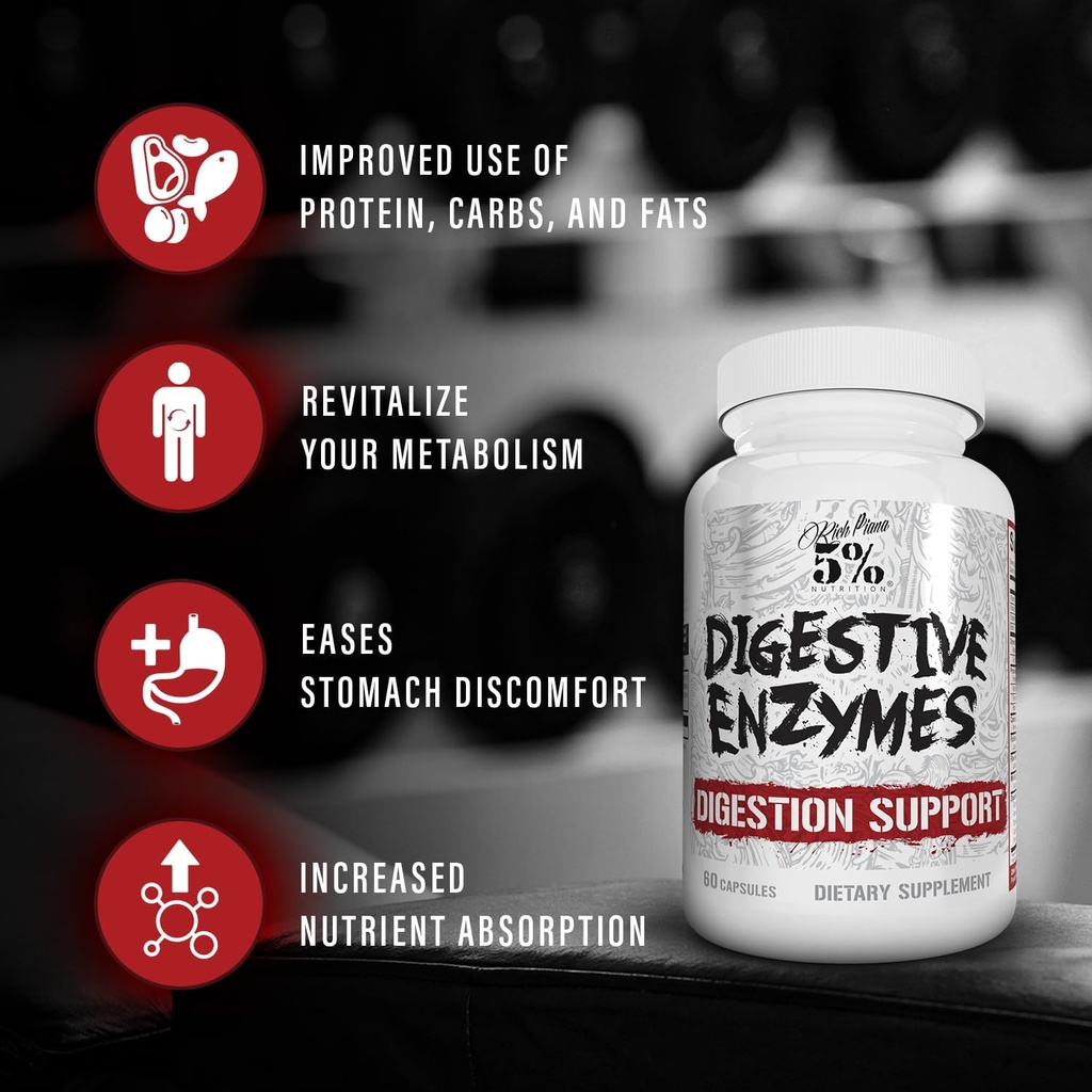 5% Nutrition Rich Piana Digestive Enzymes w/Vitamin B Complex | Enzymes for Protein, Carb, Fat, Fiber & Lactose Breakdown | Betaine, Bromelain, Papain (Papaya), Lipase, Lactase, 60 Veg Caps (30 Svgs) 5