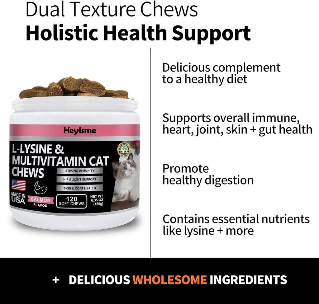 Lysine Supplement for Cats, Cat Treats for Sneezing and Runny Nose, Cold, Cat Immune Support, Eye Function, and Respiratory Health, L-Lysine cat Vitamins for Cats (120 Pills, Salmon) 4