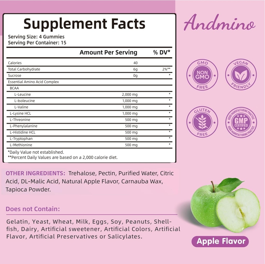EAA Gummies 7500 mg, BCAA Gummies, Amino Acids Supplement for Muscle, Immune, Nervous & Digestive Health, for Adults & Kids, Non-GMO, Vegan, Gluten Free, Apple Flavor, 120 3