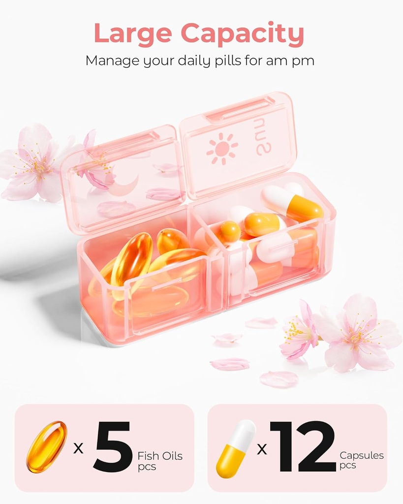 Zoksi Am Pm Pill Organizer 7 Day, Weekly Pill Box 2 Times a Day, Medicine Pill Organizer with Separate Compartment, Travel Pill Case Dispenser Portable for Vitamins, Fish Oils, Medicines(Pink) 4