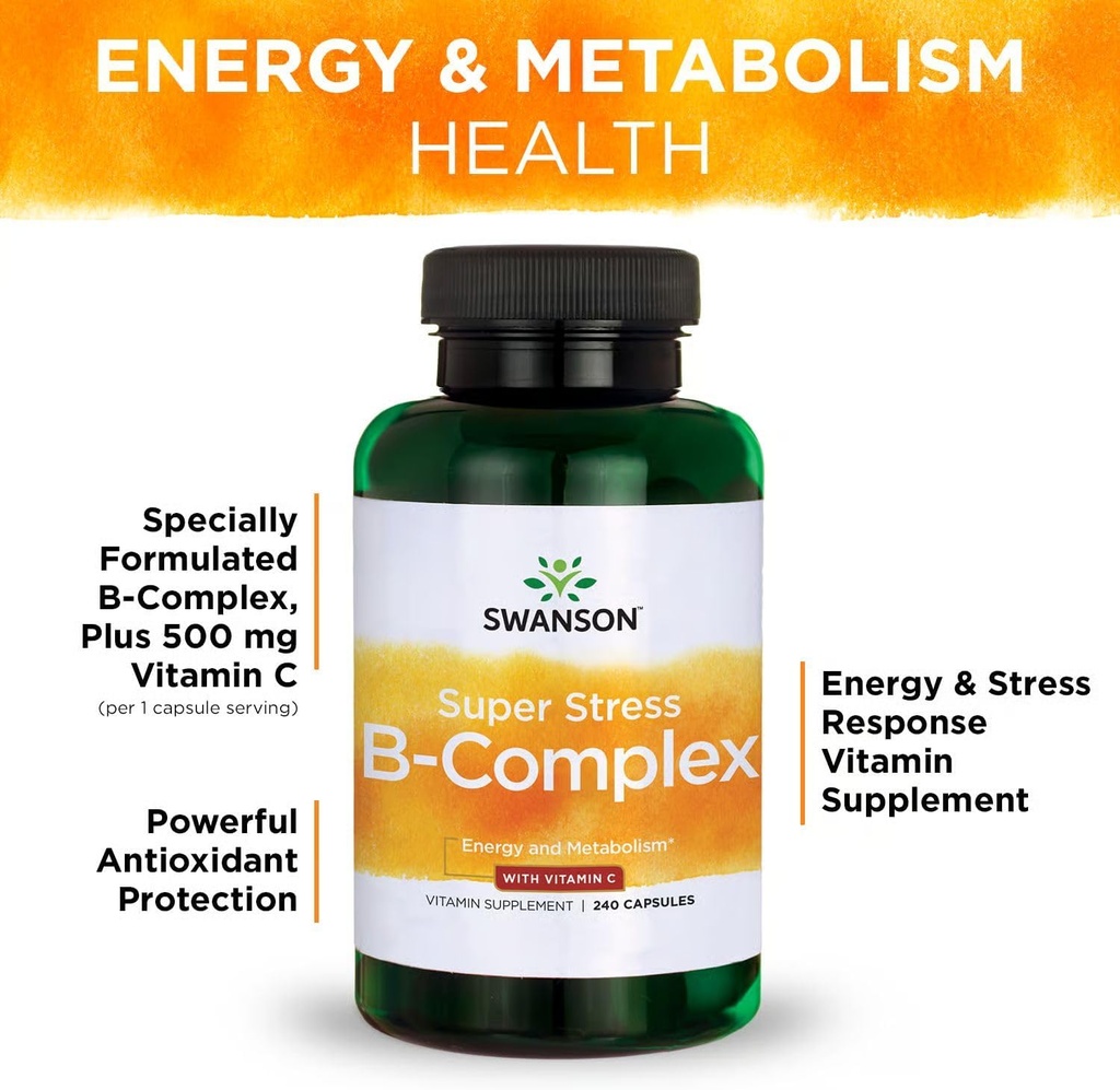 Swanson Super Stress B-Complex - Vitamin Supplement for Relaxation & Healthy Metabolism - Formula for Healthy Energy Levels - (240 Capsules) (2 Pack) 6