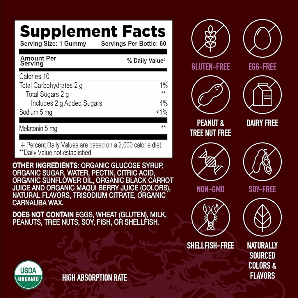 YUM-V'S Organic Melatonin Sleep Aid Gummies, Adults Extra Strength Melatonin Gummy - Vegan Non GMO Sleep Melatonin Gummies for Sleeping Support Berry 5 MG - 60 Count 5