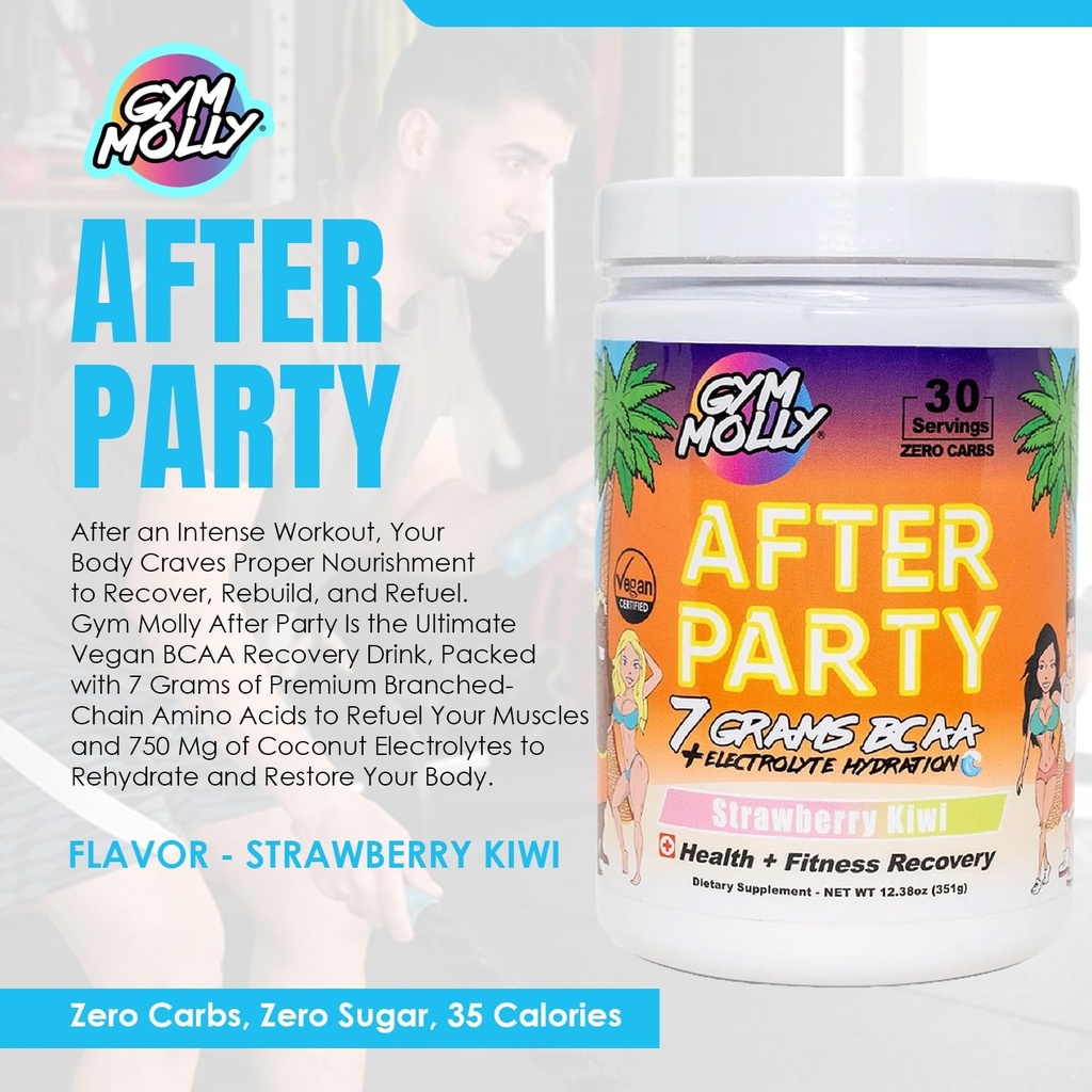 Gym Molly After Party Vegan BCAA Powder, Electrolyte Powder, BCAA Amino Acids After Post Workout Recovery Drink, Zero Carbs, Zero Sugar, 35 Calories Caffeine-Free (Strawberry Kiwi) 3