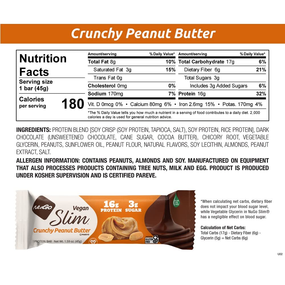 NuGo Slim Dark Chocolate Crunchy Peanut Butter, 17g Vegan Protein, 3g Sugar, 7g Fiber, 180 Calories, Low Net Carbs, Gluten Free, 12 Count 3