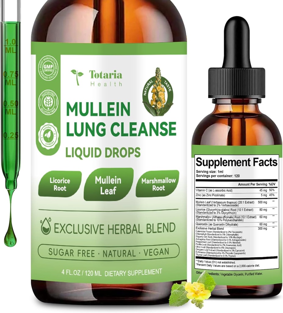 Mullein Drops for Lungs with Licorice, Marshmallow Root, Chlorophyll, 4 FL.OZ Sugar Free Mullein Drops for Lung Detox, Respiratory & Immune Wellness, Lung & Bronchial Cleanse for Smokers, No Alcohol 2