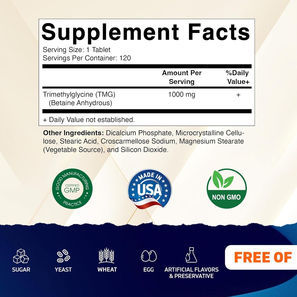 Vitamatic TMG Supplements 1000mg - Trimethylglycine - Betaine Anhydrous - 120 Tablets - 120 Servings - Non-GMO & Gluten Free (2 Bottles) 3