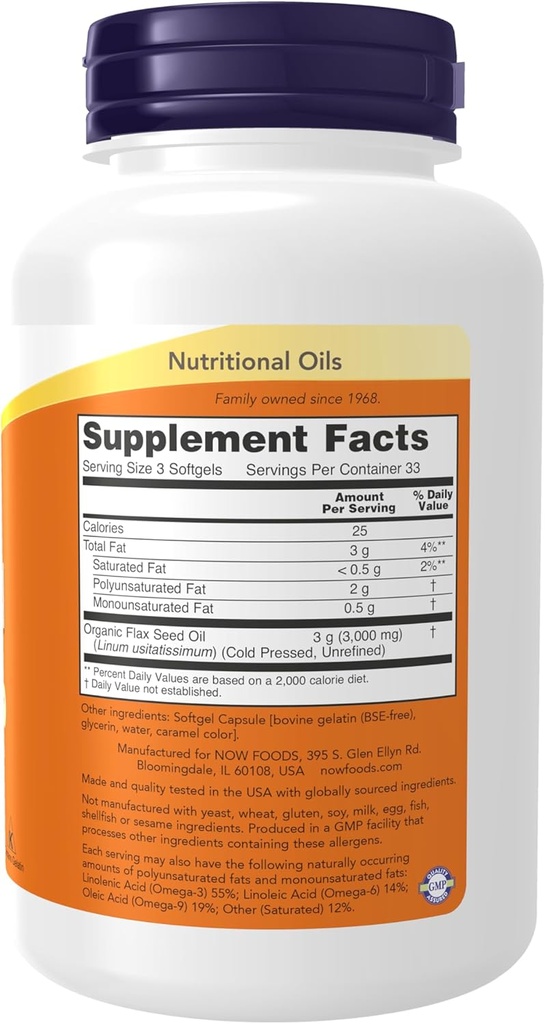 NOW Foods Supplements, Flax Oil 1,000 mg made with Organic Flax Oil, Cardiovascular Support*, 100 Softgels 3