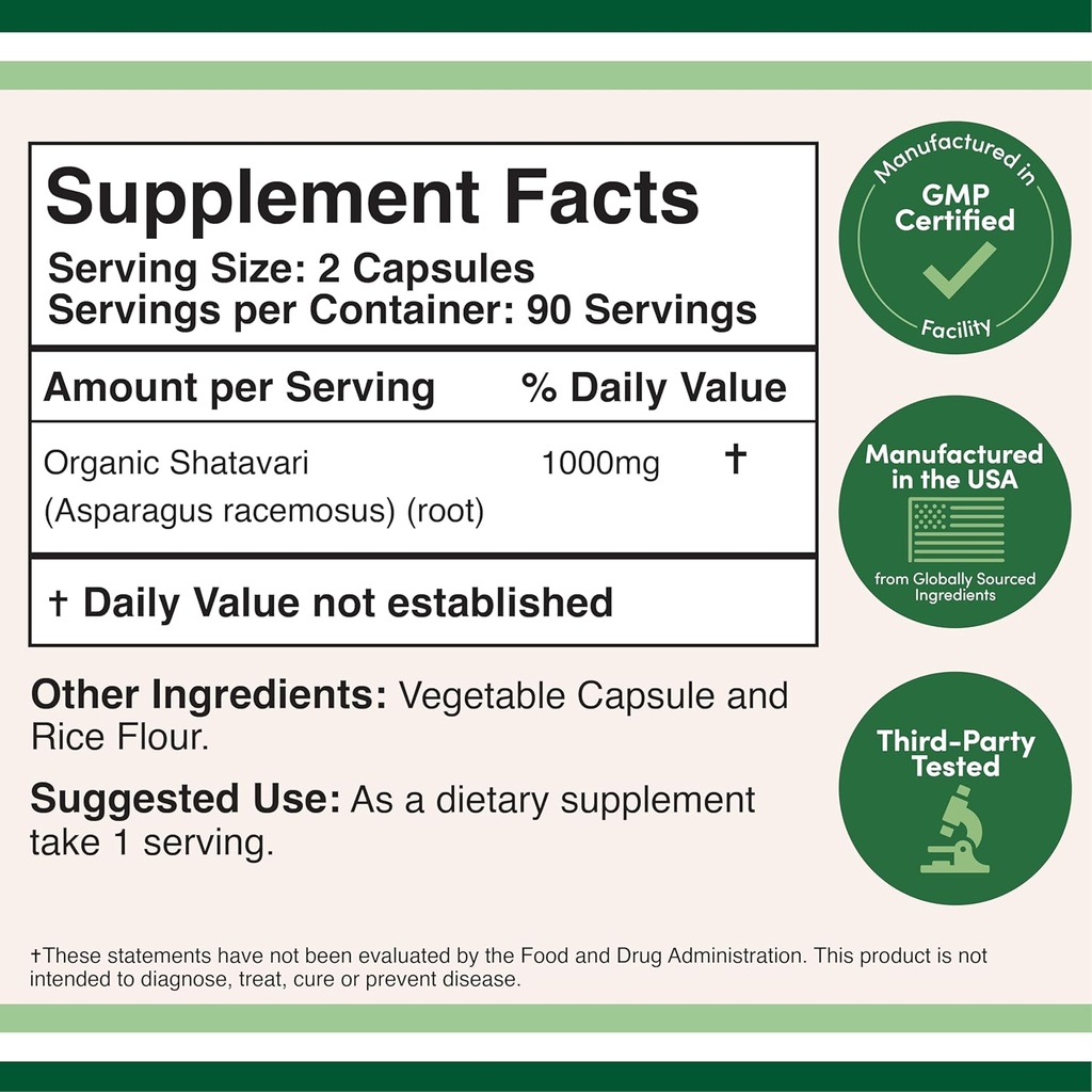 Organic Shatavari Capsules - 1,000mg Organic Shatavari Powder Per Serving (180 Capsules, 90 Day Supply) for Hormone Balance and Prolactin Production (Non-GMO, Gluten Free, Vegan Safe) by Double Wood 3