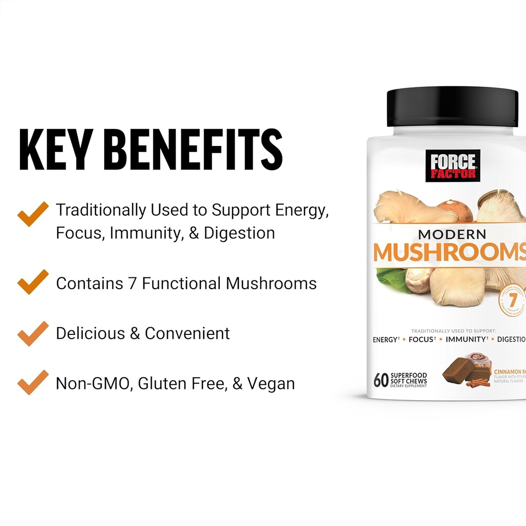 Force Factor Modern Mushrooms Soft Chews, Mushroom Supplement with Lions Mane, Turkey Tail, & Cordyceps to Support Energy, Immunity, & Digestion, Cinnamon Roll, 120 Soft Chews, 2-Pack 3