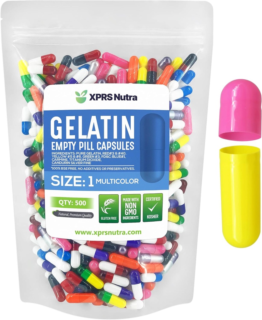 XPRS Nutra Size 1 Empty Capsules - 500 Count Empty Gelatin Capsules - Pill DIY Capsule Filling - Pure Bovine Pill Gel Caps for Do-It-Yourself Supplements (Multi Color) 2