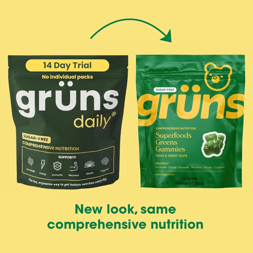Gruns Adult Sugar-Free Super Greens Gummies - Superfood Gummy Bears with Spirulina, Chlorella, Fiber & Prebiotics for Digestive Health, Adaptogen Supplement with 20 Vitamins & Minerals, 2 Week Supply 3