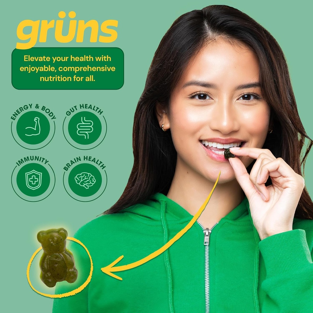 Gruns Adult Sugar-Free Super Greens Gummies - Superfood Gummy Bears with Spirulina, Chlorella, Fiber & Prebiotics for Digestive Health, Adaptogen Supplement with 20 Vitamins & Minerals, 2 Week Supply 4