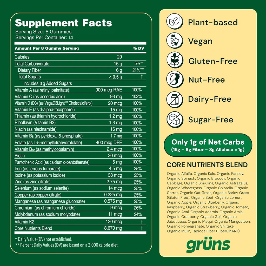 Gruns Adult Sugar-Free Super Greens Gummies - Superfood Gummy Bears with Spirulina, Chlorella, Fiber & Prebiotics for Digestive Health, Adaptogen Supplement with 20 Vitamins & Minerals, 2 Week Supply 6