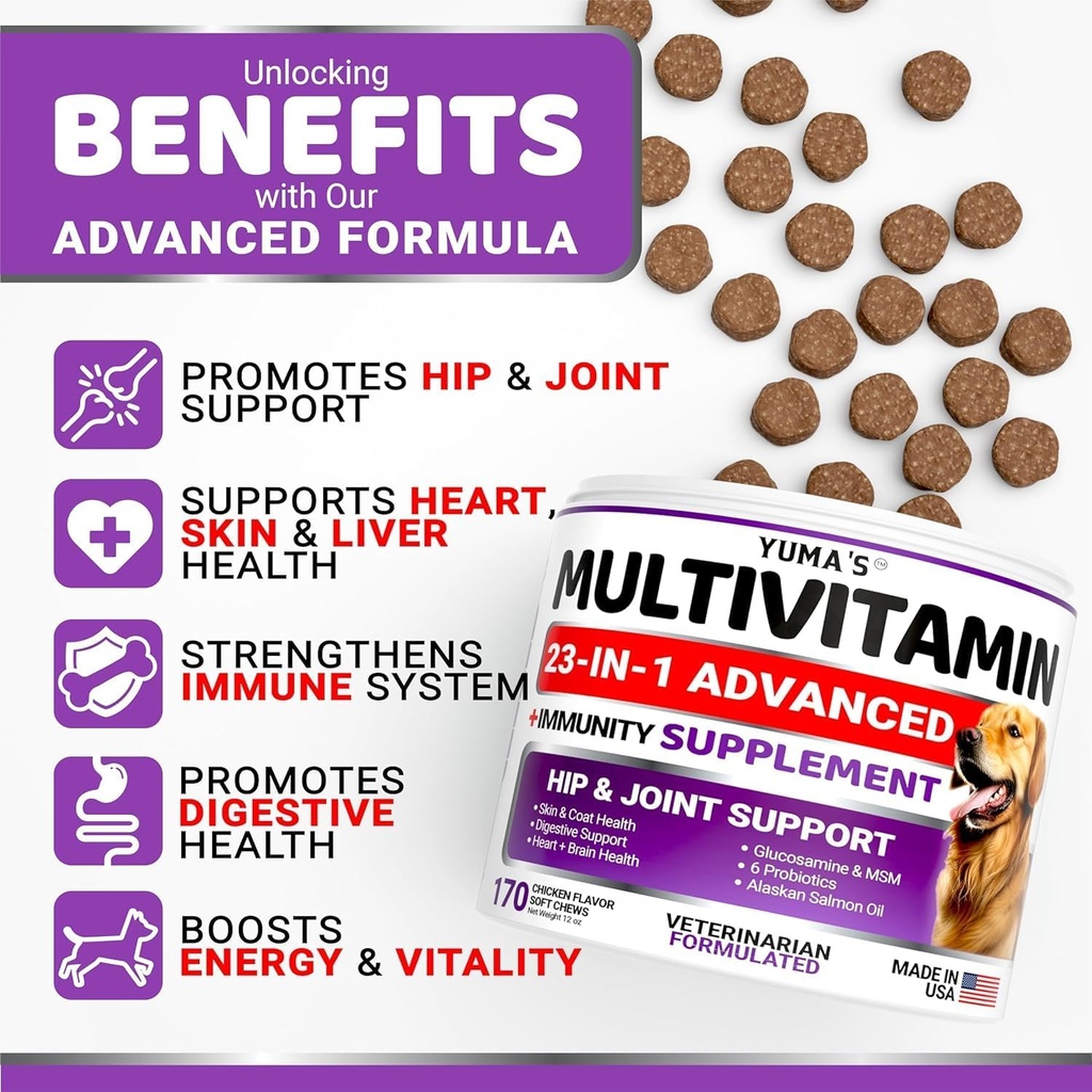 2-Pack Dog Multivitamin Chewable with Glucosamine - Dog Vitamins and Supplements - Senior & Puppy Multivitamin for Dogs - Hip & Joint Support - Immune Health, Skin, Heart, Digestion, Probiotics 3